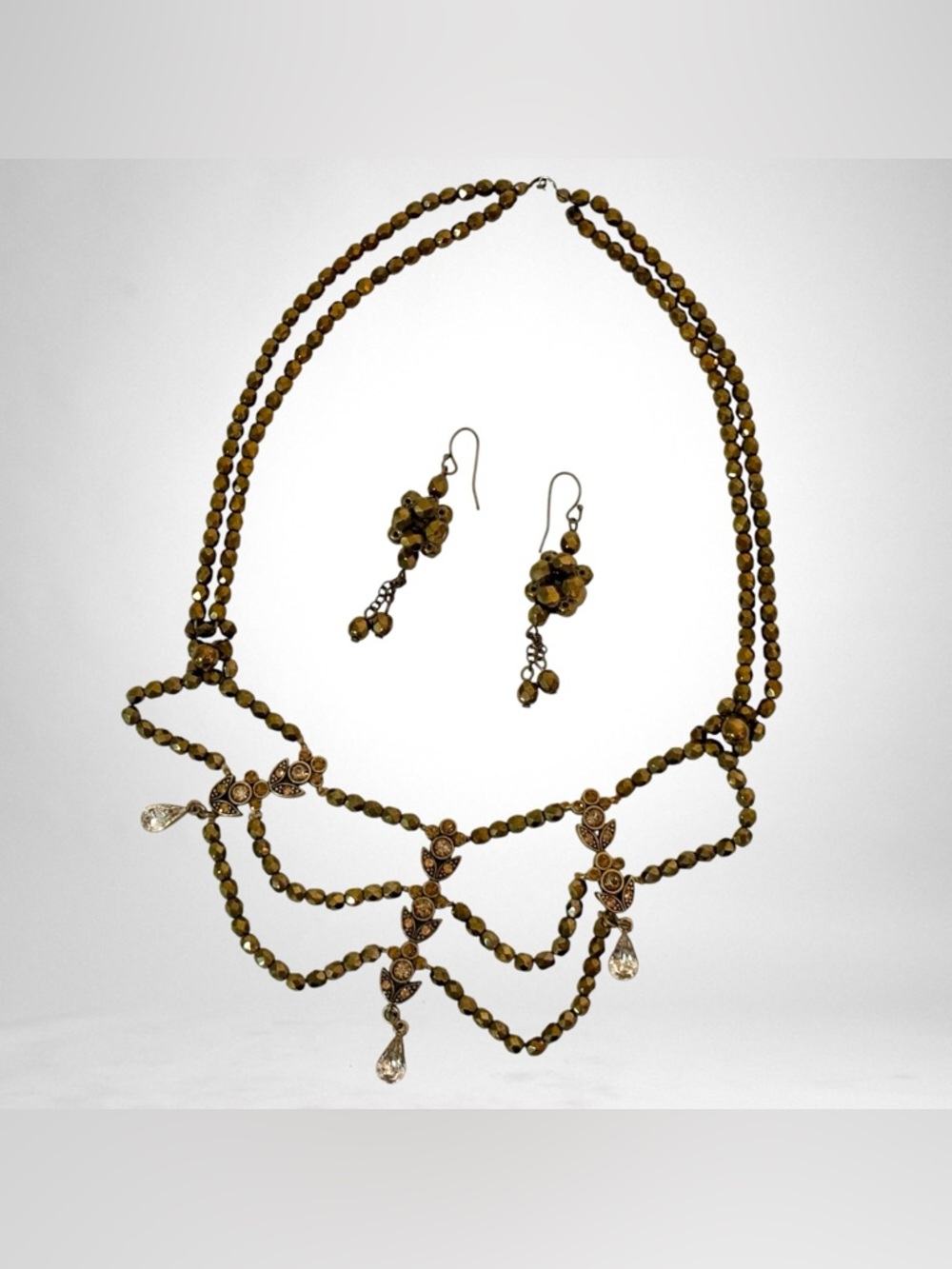 Faceted Bronze Beads & Crystal Bib Necklace & Dangling Earrings SET